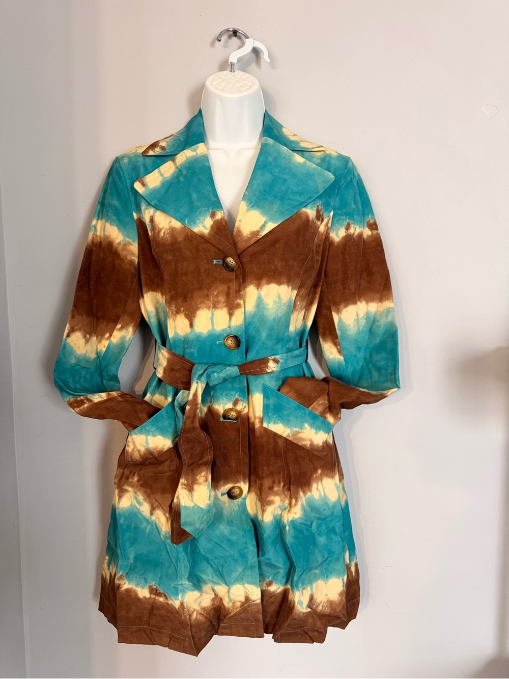 Anne Klein Teal, Brown & Cream Tie-Dye Belted Trench Dress